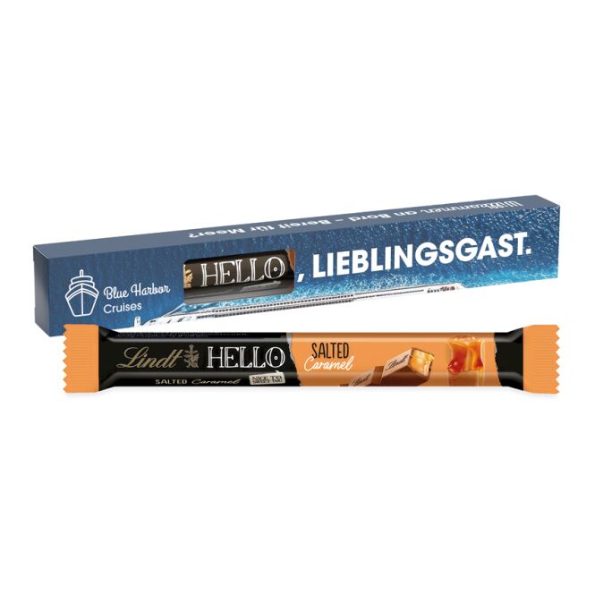 Firmengeschenk Lindt HELLO Promotion Stick – schokolade – mit bedrucktem Etikett bei Messen als Werbemittel für potenzielle Geschäftskunden