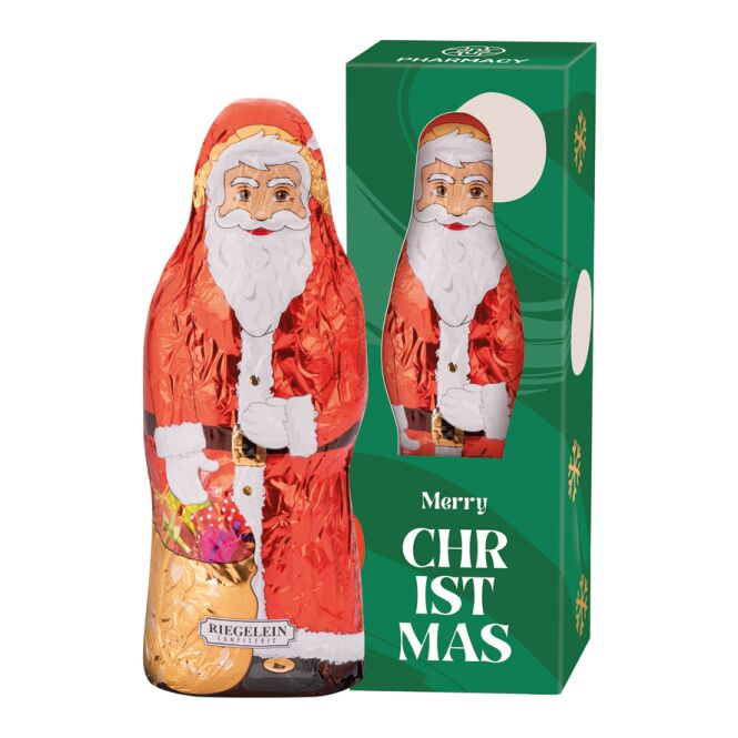 Firmengeschenk Riegelein Weihnachtsmann – weiß – mit bedrucktem Etikett 24g als Weihnachtsgeschenk für Kunden und Partner