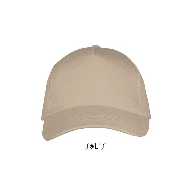 Werbeartikel Sol's Long Beach 5-Panel-Cap aus Baumwolle mit Logostick – Beige – Kopfbedeckung für Firmen und Messen