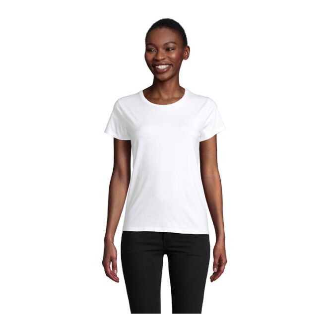 Werbeartikel Damen T-Shirt SOL'S PIONEER – absolutes weiß – mit Logo bedruckt aus nachhaltiger Bio-Baumwolle Gr. M