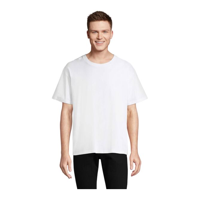 Firmenkleidung SOL'S LEGACY Oversized T-Shirt – weiß – mit Logo bedruckt, nachhaltig aus recycelter Baumwolle, Gr. M