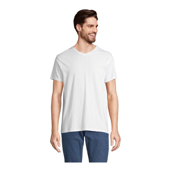 Werbeartikel V-Neck T-Shirt SOL'S Regent V – weiß – mit Logo bedruckt Gr. XS