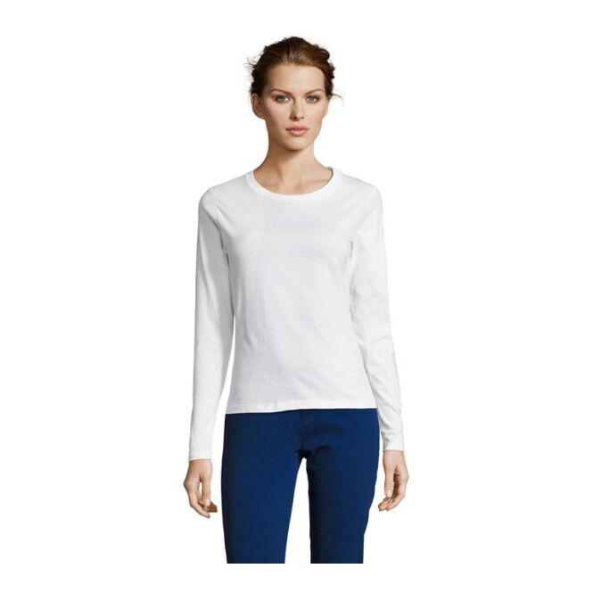 Werbeartikel Langarm-Damen-Shirt Majestic SOL'S – weiß – mit Logo bedruckt Gr. S