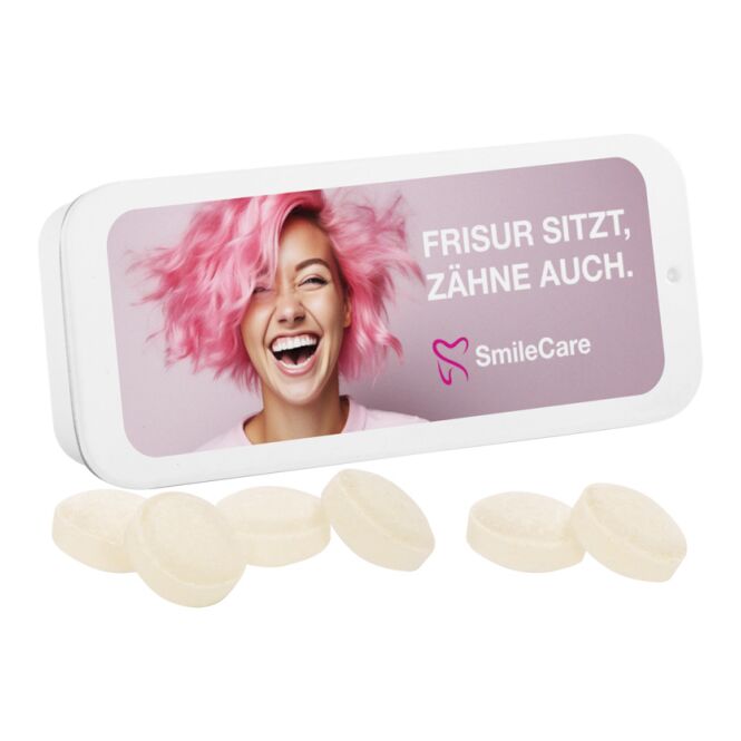 Streuartikel Schiebedeckeldose – pfefferminz – mit individuellem Etikett 12 g als ideales Werbegeschenk für Kunden auf Messen und Events