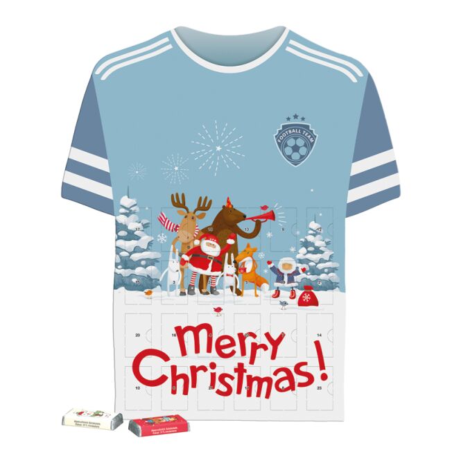 Firmengeschenk Shape Adventskalender Trikot – mit schokolade – mit bedrucktem Etikett als Weihnachtsgeschenk für Kunden und Partner