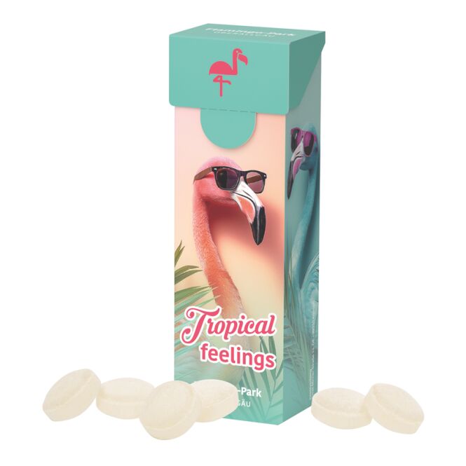 Streuartikel Slim Box Micro Bonbons – micro bonbons – mit bedrucktem Etikett 10 g als Werbemittel für Messen und Events an potenzielle Kunden