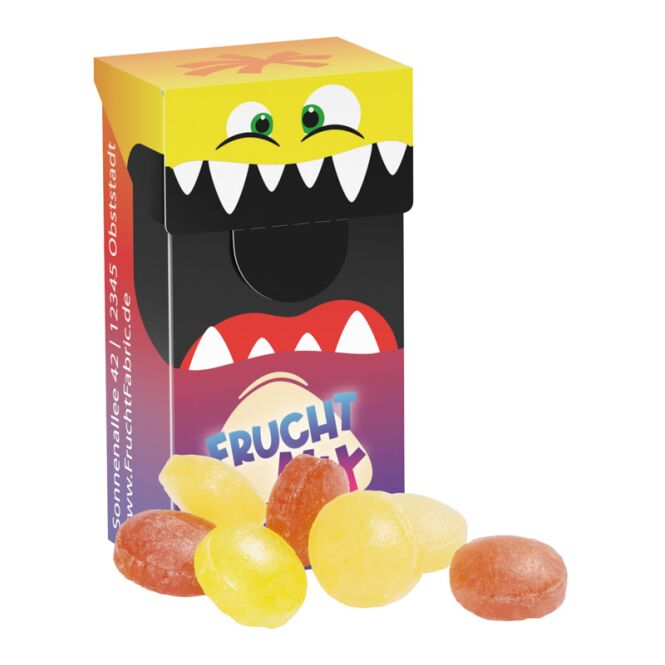 Streuartikel Slim Box mini mit Klick-Verschluss – bonbons – mit individueller Banderole als Werbemittel auf Messen für potenzielle Kunden