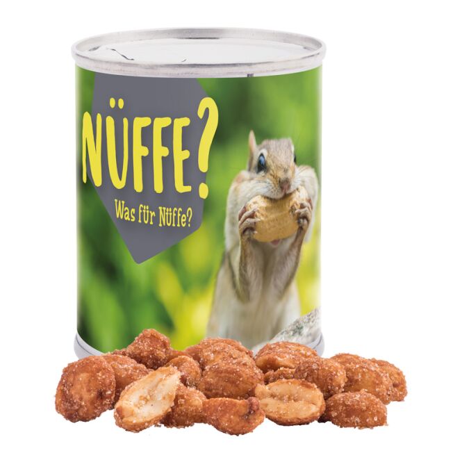 Streuartikel Snack Dose Weißblechdose – erdnüsse geröstet 60 g – mit individuellem Etikett als Werbemittel für Messen und Events an Kunden