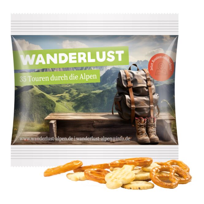 Werbeartikel Snacktüte – weiß – mit individueller Bedruckung 10g Knabber Mix, klimaneutraler Knabbersnack für Messen & Events