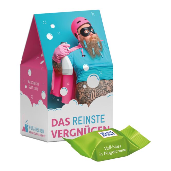 Premium-Werbeartikel Ritter SPORT Standbodenbox – mit schokolade – inkl. Werbeaufdruck. Ideal als Firmengeschenk für Kunden und Partner.