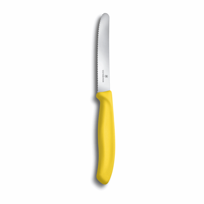 Firmengeschenk Victorinox Swiss Classic Tafelmesser mit Ätzung auf Klinge – Gelb – scharfes Küchenmesser mit Wellenschliff für das Büro