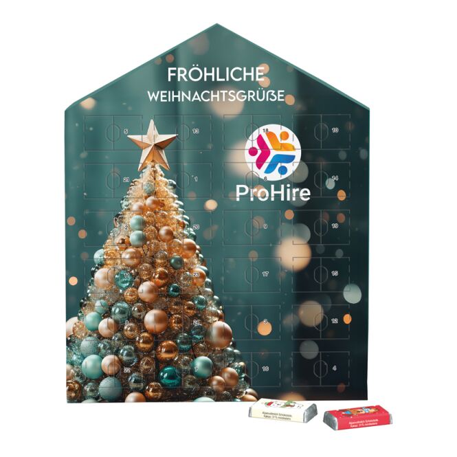 Firmengeschenk Täfelchen Adventskalender Haus – weihnachtlich – mit bedrucktem Etikett 1 Stück als Weihnachtsgeschenk für Kunden und Partner