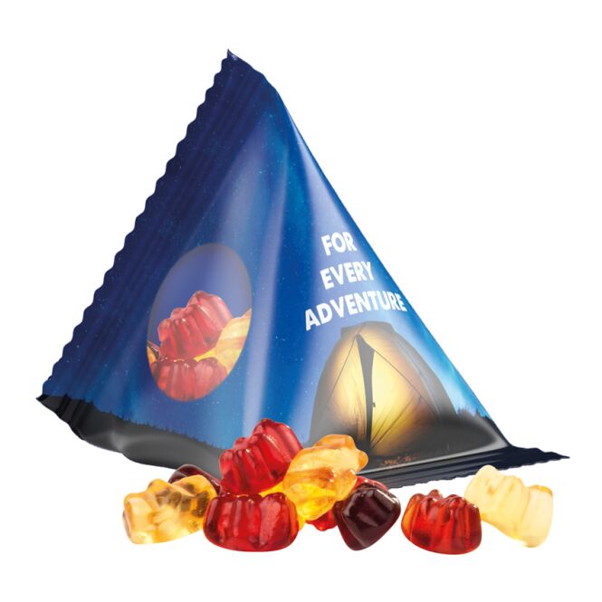 Streuartikel Trolli Gummibärchen Tetraeder – transparent – mit individuellem Etikett 15 g für Messen und Events an potenzielle Kunden