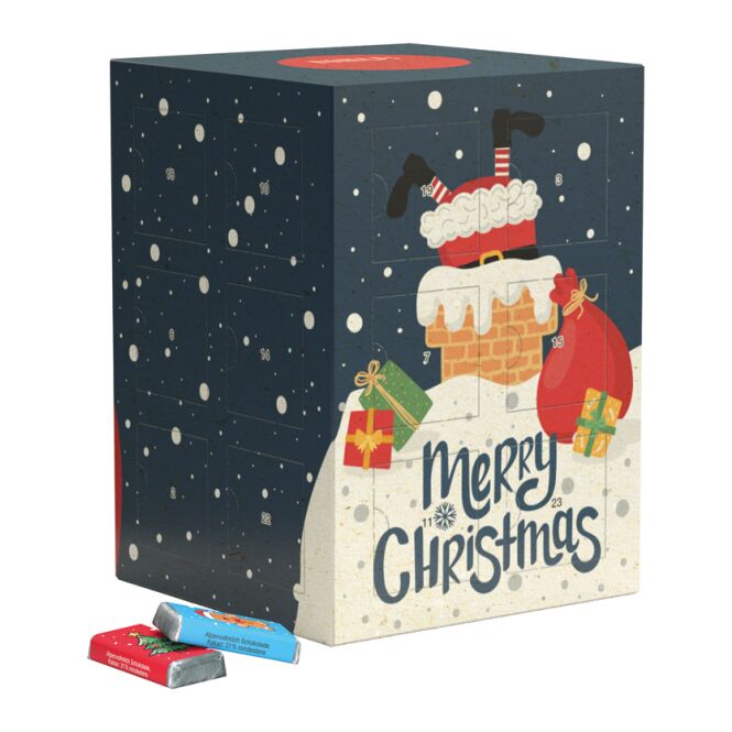 Kundenpräsent Tower Adventskalender aus Graspapier mit Logodruck – nachhaltiger Schokoladen-Adventskalender für Firmen und Büros