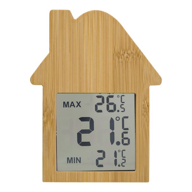 Werbeartikel Bambus-Wetterstation Lane mit Logodruck – Braun – digitales Messinstrument für Büros und Konferenzräume