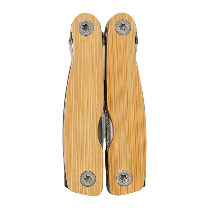 Werbeartikel Bambus-Multi-Werkzeug 12-teilig mit Gravur – Hellbraun – Praktisches Outdoor-Tool für Handwerkseinsätze und Firmenjubiläen