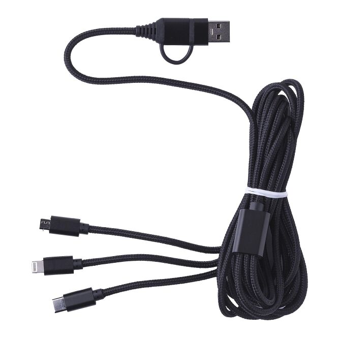 Premium-Werbegeschenk Ladekabel Sable mit Gravur – Schwarz – 190cm 3-in-1 Ladekabel für Büro und Firmenkunden