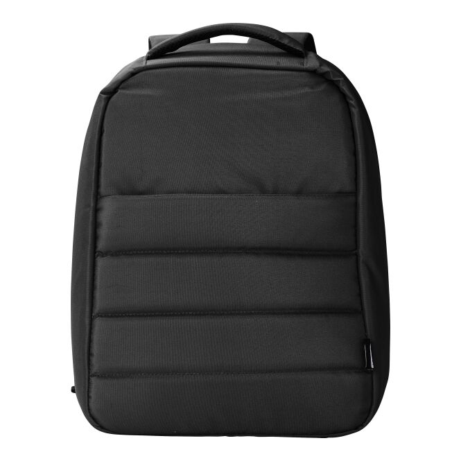 Mitarbeitergeschenk Rucksack Calliope – schwarz – mit Logodruck 15 Zoll nachhaltiger Daypack für das Mitarbeiter-Onboarding