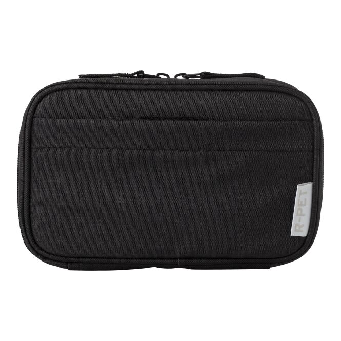 Werbeartikel Tech-Etui Calix aus rPET mit Logodruck – Schwarz – kompakte Tasche für Reiseunterlagen und Kabel