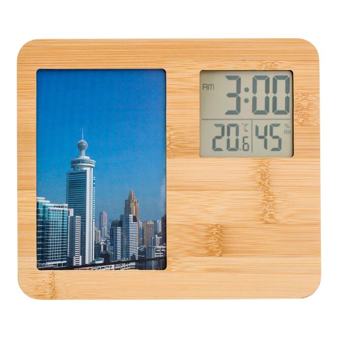 Firmengeschenk Wetterstation Colton mit Gravur – Braun – multifunktionale Temperaturanzeige mit Fotorahmen für das moderne Büro