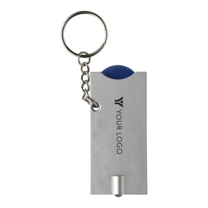 Werbeartikel Schlüsselanhänger Spotlight – blau – mit Logo bedruckt, LED-Licht & Einkaufswagenchip, ideal als Messe-Giveaway