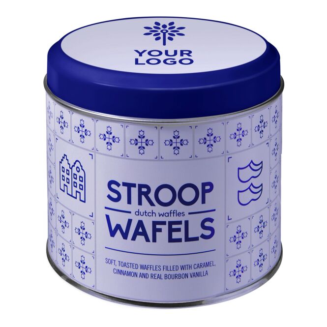 Streuartikel Stroopwafel Amsterdam Metall-Box – bunt – mit Logo bedruckt 8 Stück als Werbemittel für Messen und Firmenevents einsetzen