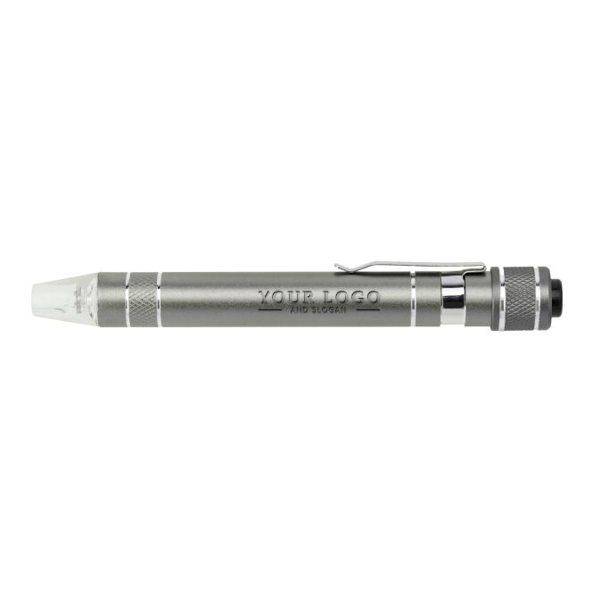 Firmengeschenk Werkzeugset Excellent – silber – mit edler Gravur, Aluminiumgehäuse, 6 Biteinsätzen und integrierter LED-Lampe