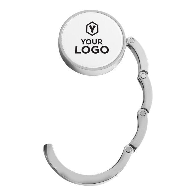 Firmengeschenk Taschenhalter Storm – weiß – mit Logo bedruckt robuster Tischaufhänger für Büro & Geschäftsreisen
