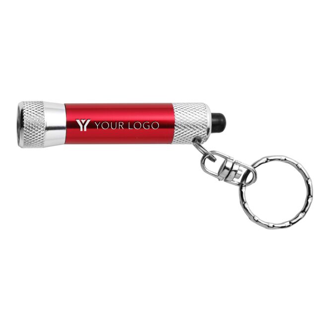 Werbeartikel Taschenlampe Primus – rot – mit Lasergravur Aluminium mit Metall-Schlüsselring als praktischer Begleiter am Schlüsselbund