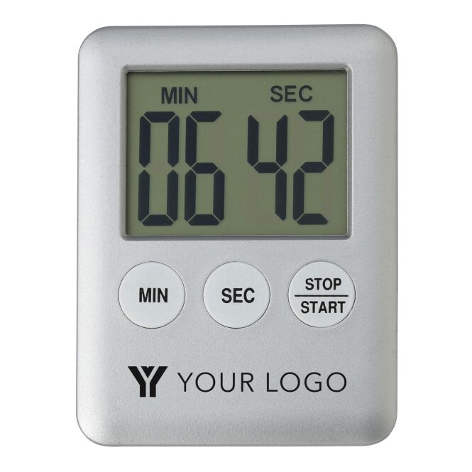 Werbeartikel Kurzzeitmesser Premium – silber – mit Logo bedruckt, LCD-Display, Magnet, Alarmfunktion, praktischer Küchentimer