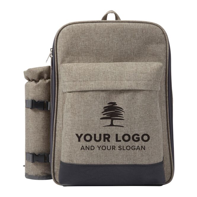 Werbeartikel Picknick-Rucksack Aviator – blau – mit Logo bedruckt für Firmen-Events inkl. Geschirr für 4 Personen, Kühlfach & Zubehör