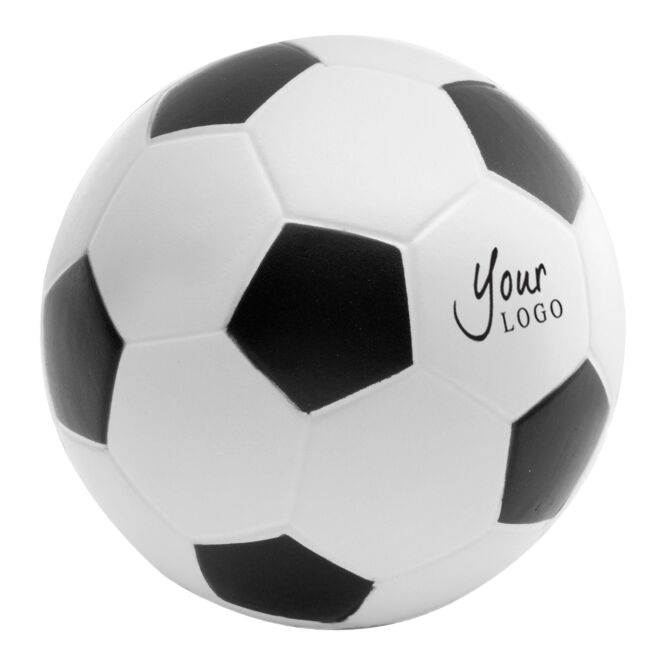 Messe-Giveaway Anti-Stress-Fussball Goal mit Logodruck – Schwarz/weiß – Knautschball aus PU-Schaum als Werbemittel für Firmen und Events