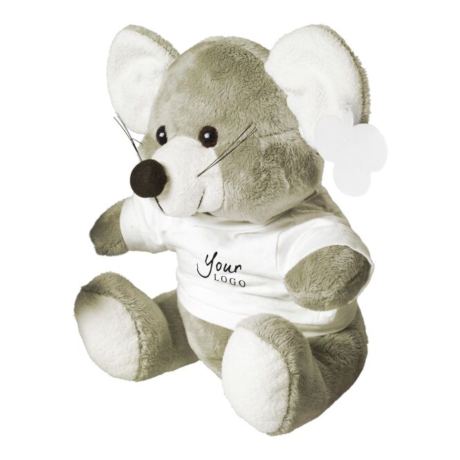 Werbeartikel Plüsch-Maus Speedy mit Logodruck – Grau – Kuscheltier als Firmenmaskottchen
