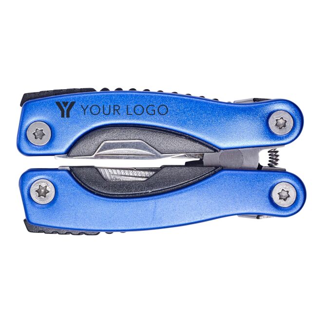 Werbeartikel Multifunktionswerkzeug Micro mit Gravur – Kobaltblau – handliches Multitool für Technik und Montage