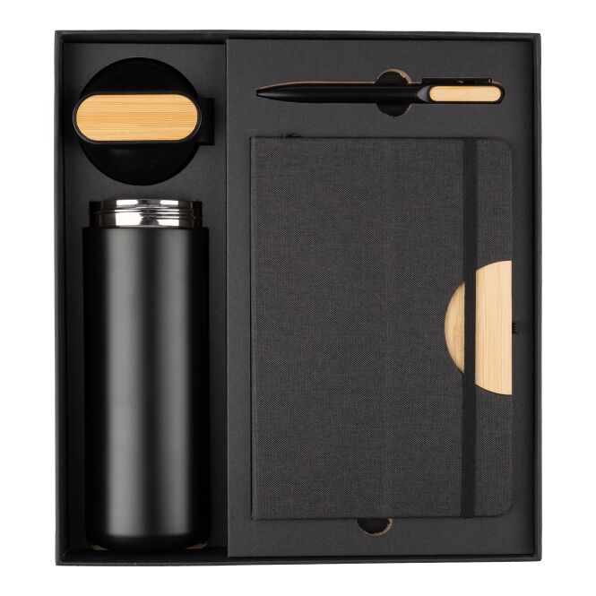 Firmengeschenk Schreibset Kurt – schwarz – mit Logo bedruckt, 3-teilig mit Flasche, Drehkugelschreiber, A5-Notizbuch, blau schreibend für Büro