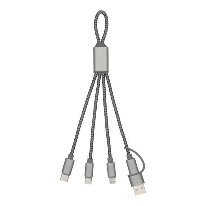 Werbeartikel Ladekabel Trident 2 mit Gravur – Grau – langlebiges USB-A Typ-C und Lightning Anschlusskabel für Büro und Technik