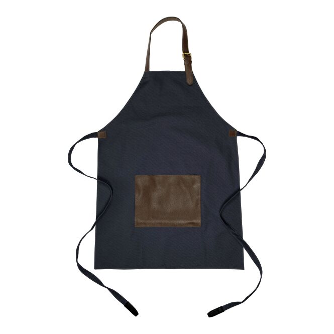 Gastro-Werbemittel Schürze Maria – blau – mit Logodruck 450 g/m2 wasserabweisend als elegante Latzschürze für Gastronomie, Bars & Restaurants