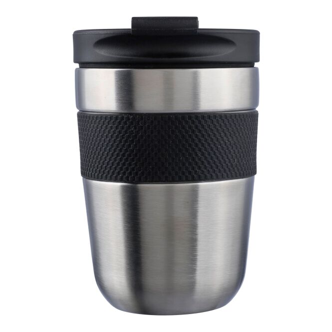 Firmengeschenk Keith Trinkbecher mit Gravur – 300 ml doppelwandig – Schwarz/Silber – Isolierbecher für Büro und Konferenzen