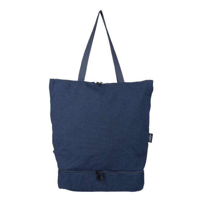 Werbeartikel Rucksack Osric aus recyceltem Gewebe mit Logodruck – Blau – nachhaltige Tasche für Laptop und Business-Einsätze