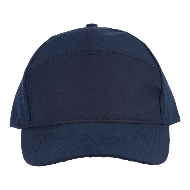 Werbeartikel Polyestermütze Alarielle – blau – mit Logodruck 7-Panel-Design 7 cm Schild atmungsaktiv verstellbar moderner Beanie für das Firmenevent