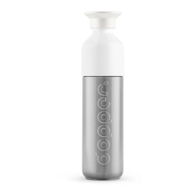 Kundengeschenk Thermosflasche Dopper Insulated – silber – mit Logodruck 350 ml vakuumisoliert nachhaltig für Mitarbeiter-Onboarding