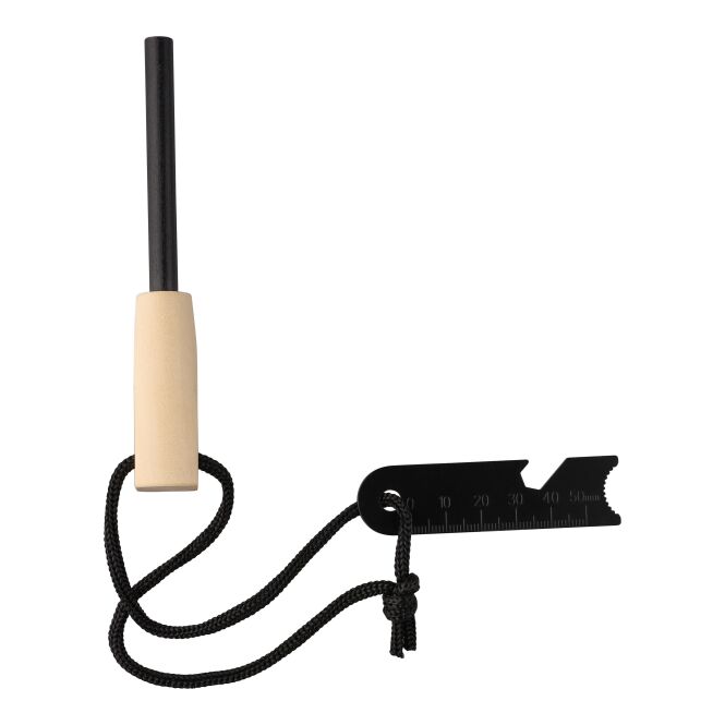 Werbeartikel Feueranzünderstab Azra mit Gravur – Edelstahl mit Flaschenöffner – Braun – Outdoor-Tool für Firmenkunden und Events