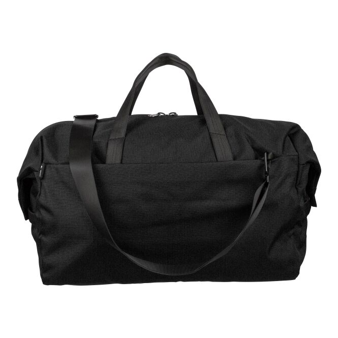Werbeartikel Sporttasche Niv mit Logodruck aus recyceltem rPET Polyester – Schwarz – strapazierfähige Reisetasche für Unternehmen