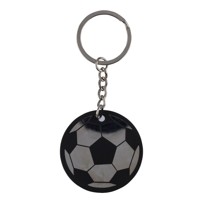 Werbeartikel Schlüsselanhänger Fußball mit Gravur – Schwarz – nachhaltiges Metallaccessoire für Firmen