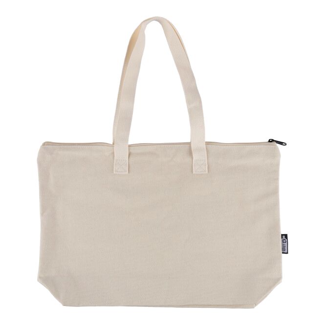 Werbeartikel Tragetasche Malina aus recyceltem Polycotton mit Logodruck – Beige – Nachhaltige Stofftasche für Firmenbedarf