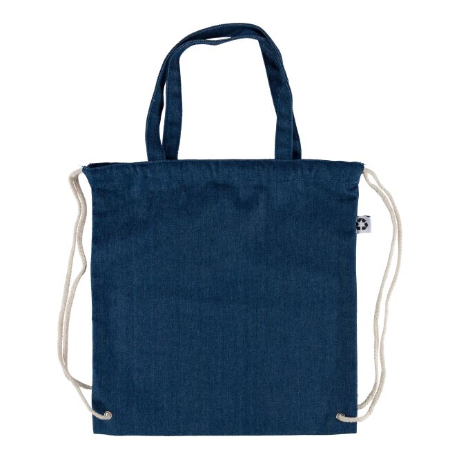Werbeartikel Denim-Kordeltasche Dex mit Logodruck – 40x38 cm – Blau – nachhaltiger Baumwollbeutel für Messen und Firmenevents