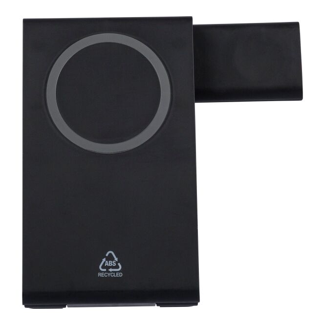 Firmengeschenk 3-in-1 magnetisches Ladegerät Valerio mit Logo bedruckt – Schwarz – kabellose Ladestation für Büro und Schreibtisch