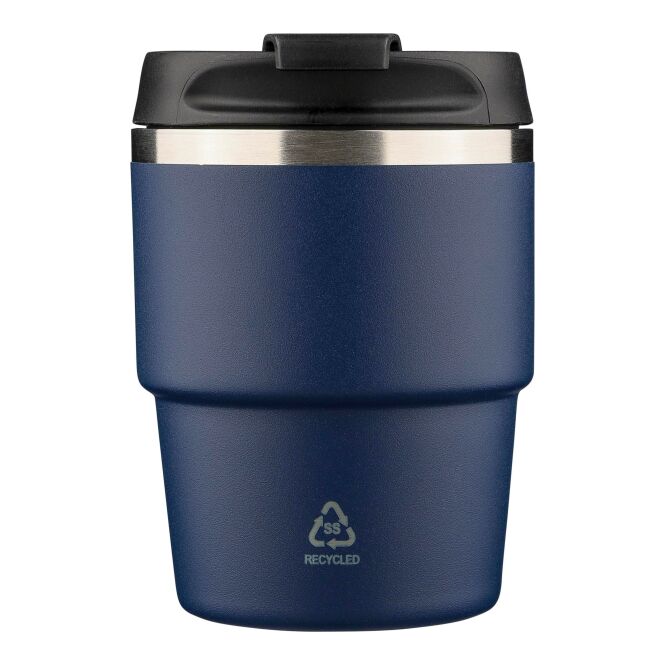 Werbeartikel Thermobecher Oli – blau – mit Logodruck 175 ml nachhaltig aus recyceltem Edelstahl für das Büro