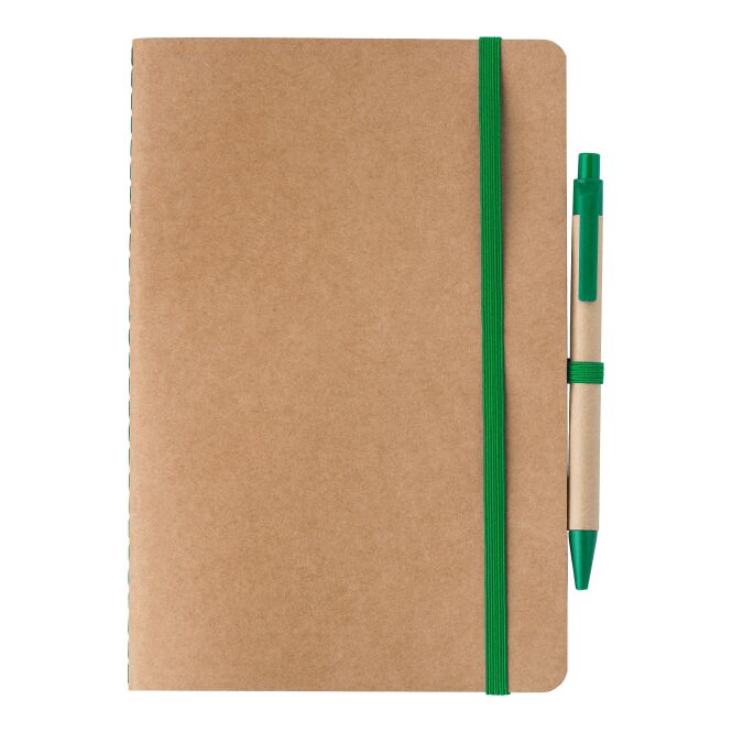 Werbeartikel Notizbuch A5 mit Logodruck – Grün – nachhaltiges Schreibbuch aus Recyclingpapier für Büro und Konferenzen