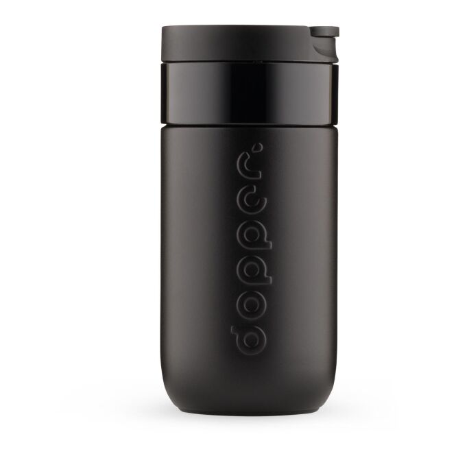 Kundengeschenk Thermobecher Dopper Reisebecher – schwarz – mit Logodruck 300 ml nachhaltiger Mehrwegbecher für die Büroküche